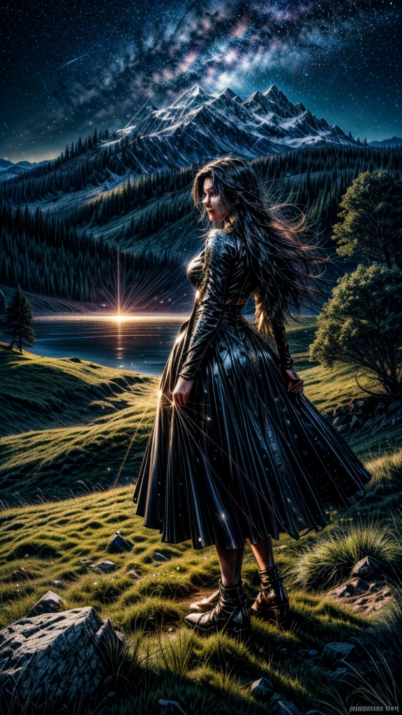 (Logo, Amazing, 8K, Tabletop, Raw Photo, Amazing, Top Quality, Photorealistic and Highly Detailed, CG, High Quality, Highly Detailed, Narrative Verse, Particle Effects, Dynamic Effects, Text Border the depth, cinematic lights, flares, raytracing, tabletop, realistic, ultra HD, fantasy), the wind, the beauty and brilliance of mountains and forests, the serenity and beauty of the world's grasslands and vast lands, Lakeside, wonderful scenery, beautiful natural scenery, night, starry sky, constellation, faint full moon, space, gorgeous, view, water, reflection, constellation, wonder, fantastic, meteor, magic, best illumination, best shadow, epic