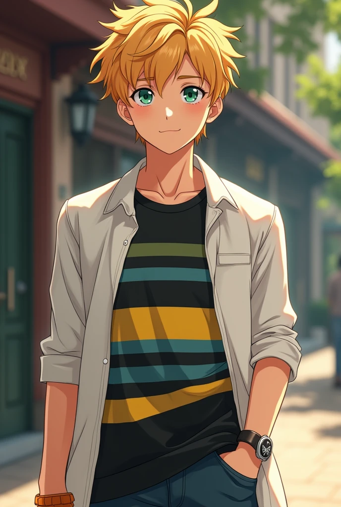 , short blonde hair, high ponytail, Orange Eyes, Smile, Aristocrat's shirt, Shorts, Masterpiece, hiquality