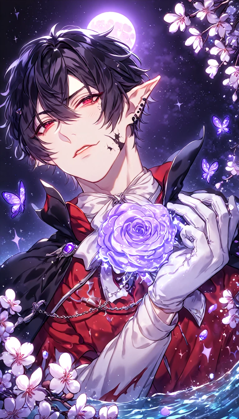 absurdres, highres, ultra detailed, HDR, master piece, best quality, Dantalion, black hair, hair carefully parted towards the right side, hair in a messy fashion, expressive red eyes, Makai Ouji Devils and Realist, demon, slightly pointy ears, solo, sexy man, handsome, sensual, horny, manly man, white black and red tunic, tattered black cape, black piercings, white gloves, close up, fantasy, magical, shining, purple flowers, blossoms, water, purple petals, purple butterflies, sparkling, purple moon, starry sky