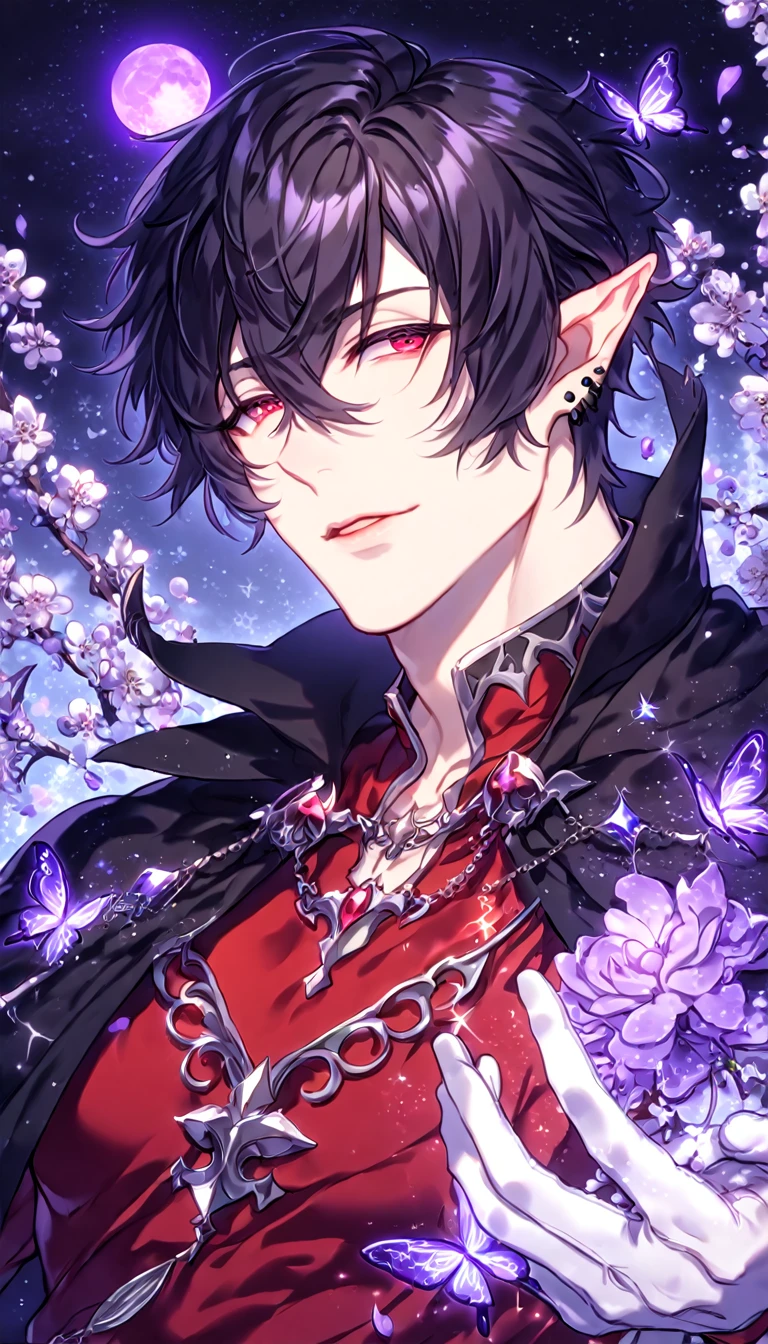 absurdres, highres, ultra detailed, HDR, master piece, best quality, Dantalion, black hair, hair carefully parted towards the right side, hair in a messy fashion, expressive red eyes, Makai Ouji Devils and Realist, demon, slightly pointy ears, solo, sexy man, handsome, sensual, horny, manly man, white black and red tunic, tattered black cape, black piercings, white gloves, close up, fantasy, magical, shining, purple flowers, blossoms, water, purple petals, purple butterflies, sparkling, purple moon, starry sky