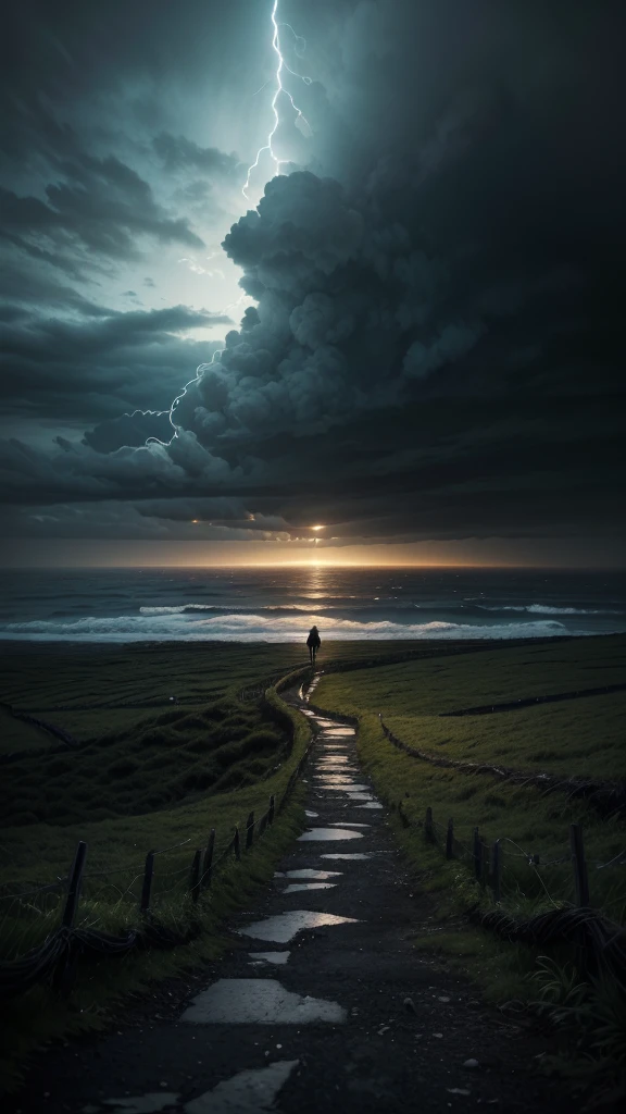 Create a conceptual image representing the theme of overcoming anxiety and procrastination. The image should depict a figure standing at the edge of a dark, stormy landscape, symbolizing the overwhelming feelings of anxiety and procrastination. In the distance, the figure sees a bright, calm horizon, representing hope and progress. The figure should be walking towards this light, leaving the darkness behind. The background should include elements like dark clouds, tangled vines, or barriers in the stormy area, gradually fading into a clear, open path as it moves towards the light. Ensure that no text or writing is included in the image.
