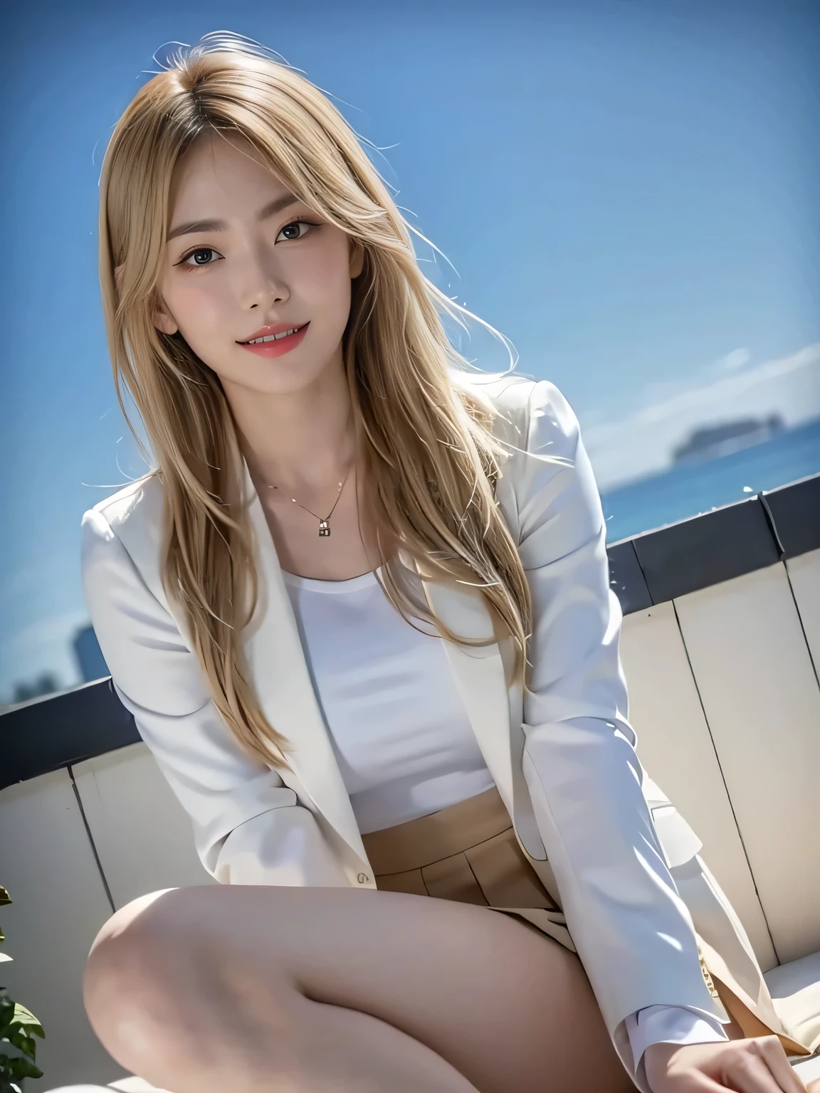 (8,000; Best Quality: 1.2), (Realistic, Realistic: 1.2), Lovely, Solo, Sky is Beautiful and Clear, Night, Moisture, Watching the Audience, (Sit: 1.5) Date, Mirai, (Nose Brush), (Smile: 1.15), Delicate eye (Deep Blonde: 1), Floating Hair Nova FrogStyle, White Suit Jacket, Burton T-shirt, Beige Pleats Skirt, Makeup, Lover's Smile, 35 years old, Beautiful (8,000, Yes, RAW Photo: 1.2, Random body orientation,