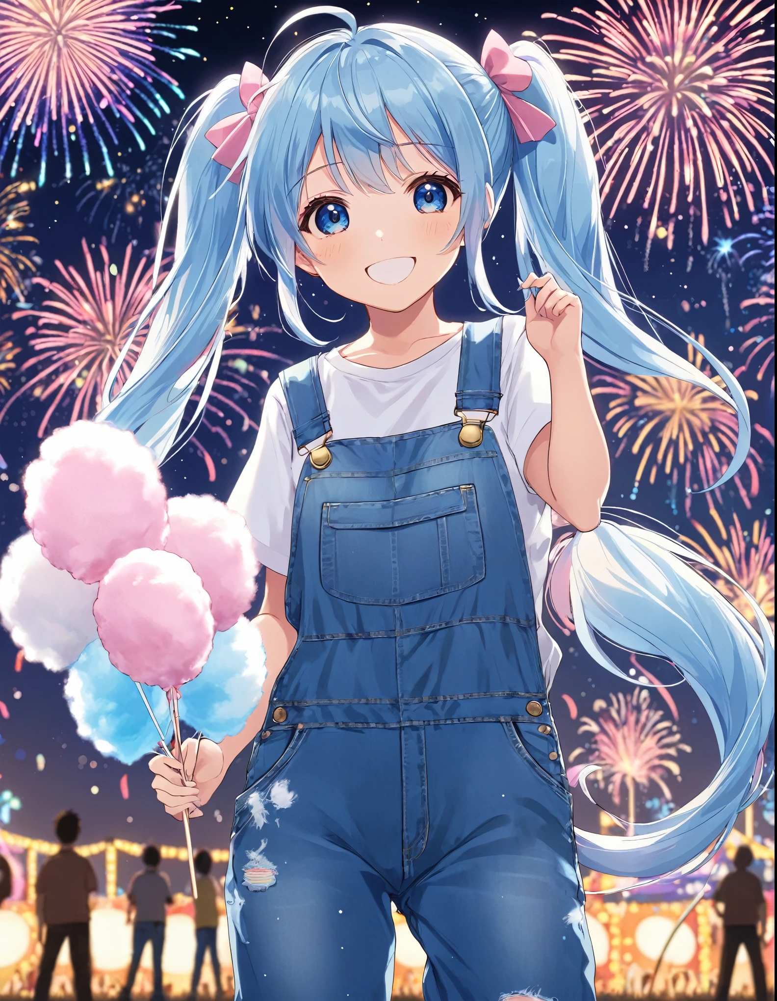 Fireworks in the night sky、Light blue long hair、Cute little character with twin tails、Holding a large cotton candy、Bright smile、festival、Festival scenery、T-shirt and denim jumpsuit、Best anime 4k splash art anime ,, 4k anime wallpaper, cotton candy, Anime Style 4k,