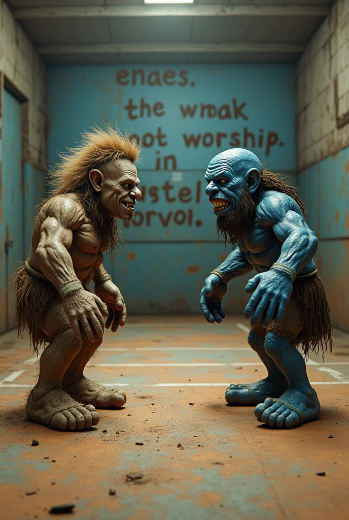 A shuttlecock court. Two human adversaries face each other. They are not holding rackets. One of the humans is barefoot and has hairy feet.. The other human looks like the character Gargamel. On the wall in the background is written the phrase in Portuguese:" here the weak are not worshipped"