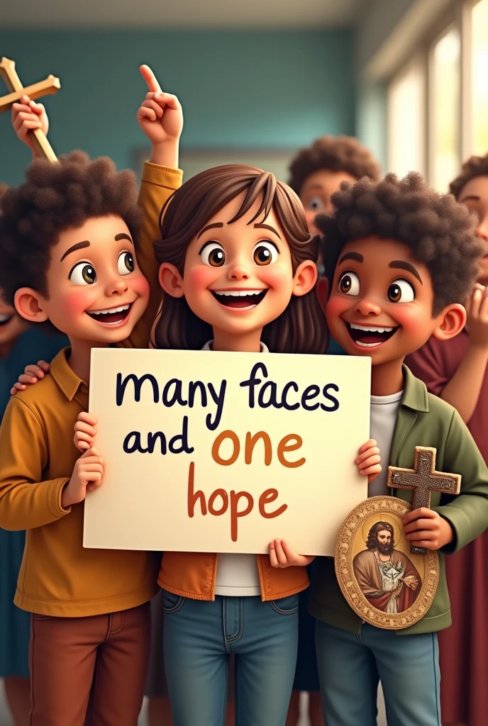 Smiling children at school holding a sign that reads in English: "many faces and one hope" One of the children holding a cross and another a picture of Saint Jerome