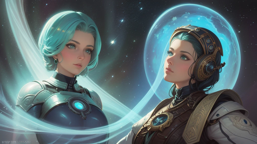 a closeup of a woman with a helmet and a science fiction, boris vallejo y tom bagshaw, prophet graphic novel, cosmic artifacts, inspired by Earl Norem, deep sleep, Awarded at CGsociety, She looks a bit like Amy Adams.., steampunk turquoise gold, Year 2070