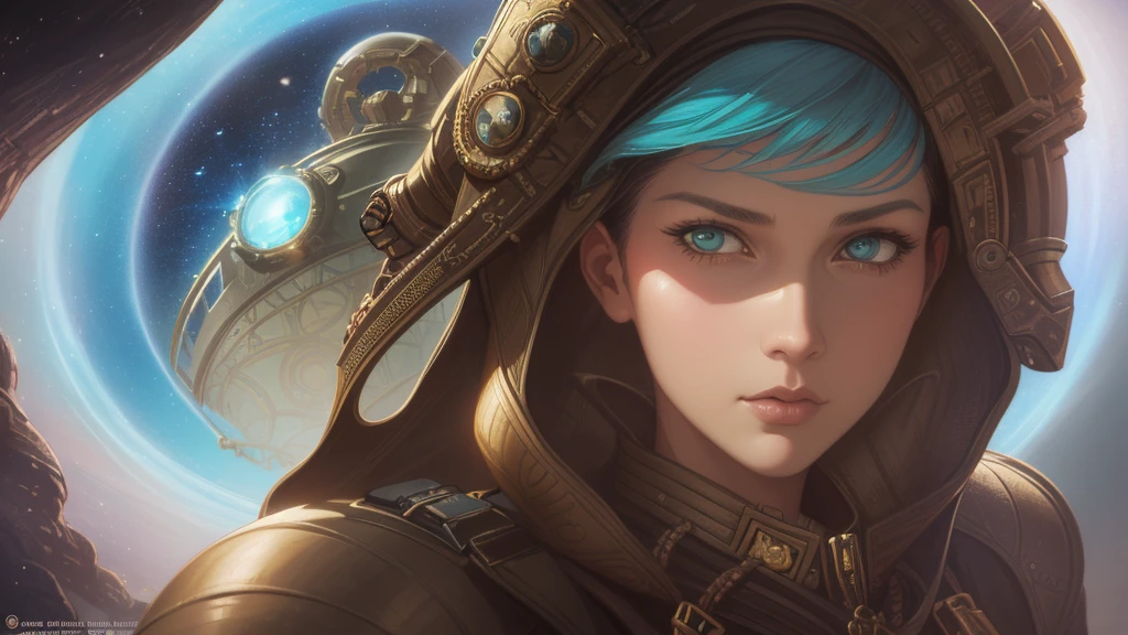 a closeup of a woman with a helmet and a science fiction, boris vallejo y tom bagshaw, prophet graphic novel, cosmic artifacts, inspired by Earl Norem, deep sleep, Awarded at CGsociety, She looks a bit like Amy Adams.., steampunk turquoise gold, Year 2070