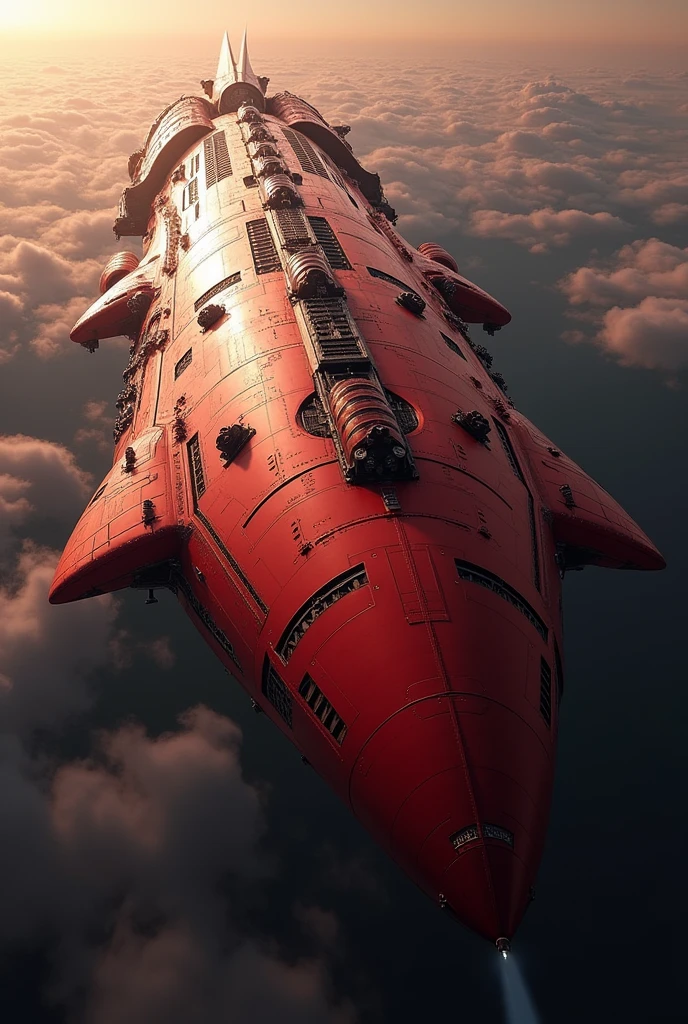 A spaceship carrying huge cargo,A gigantic spaceship several kilometers long,Wingless,Red Spaceship,There are no windows.,Precision machinery can be seen through gaps in the exterior,Huge rocket engine,