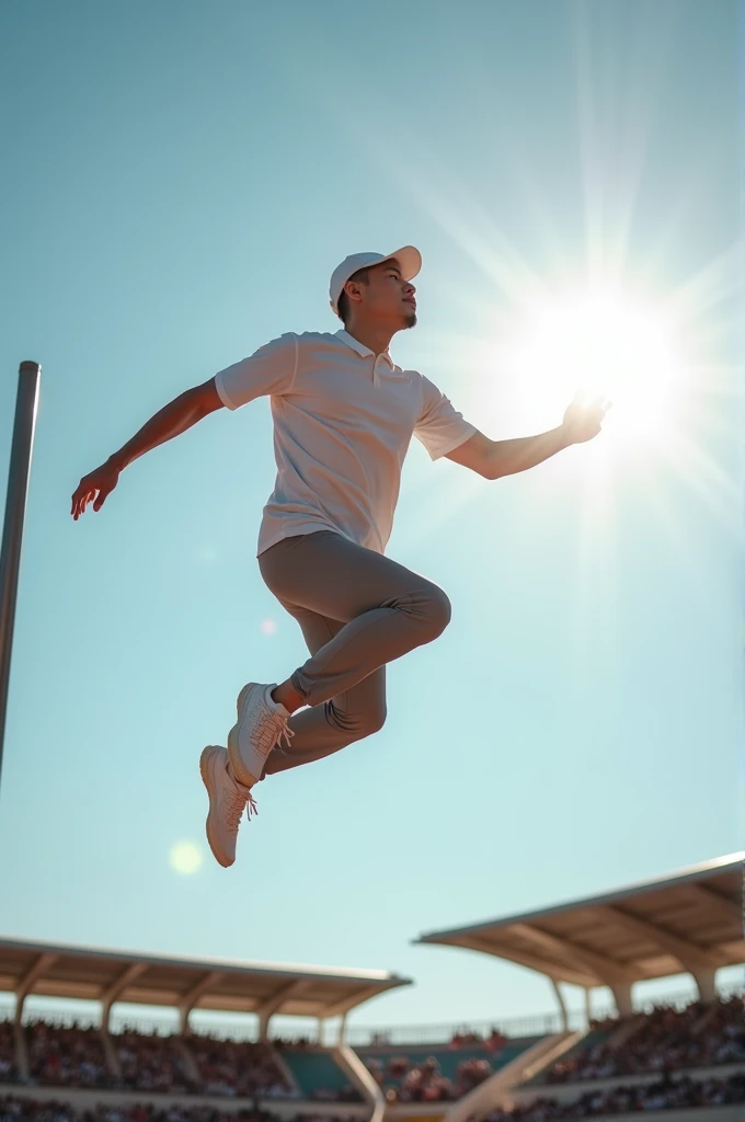 asian man in sport shirt and long pants, spoon hat, dramatic shot, is participating in a high jump competition, angle from below while he is jumping and the body flexes while jumping, there is beautiful sunshine, perfect, magic shot, professional shot, use expensive canon camera