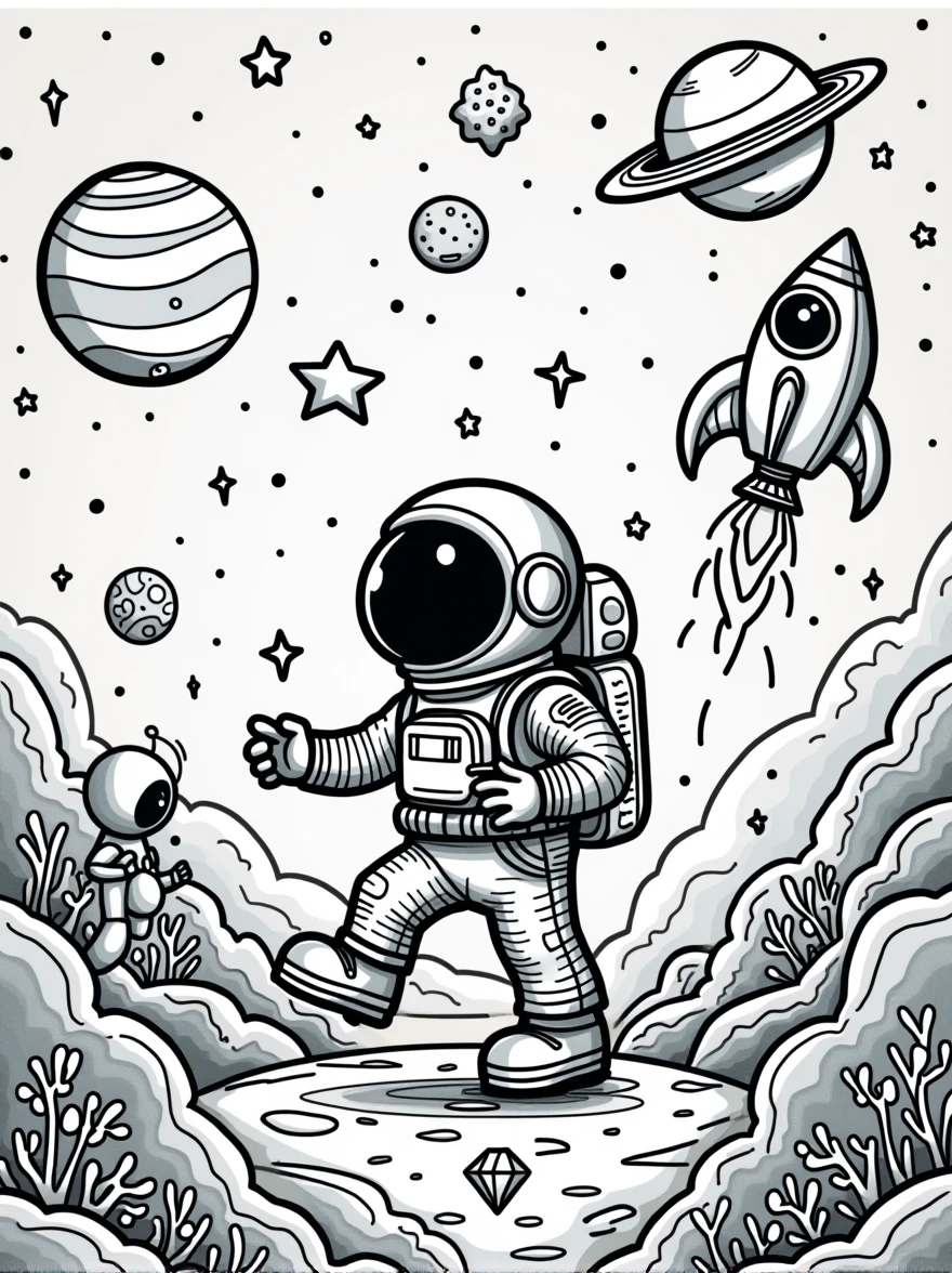 Fun, child-friendly line art of space adventures featuring planets, stars, rockets, astronauts, and friendly aliens. The space environment should be exciting with lots of cosmic details to color