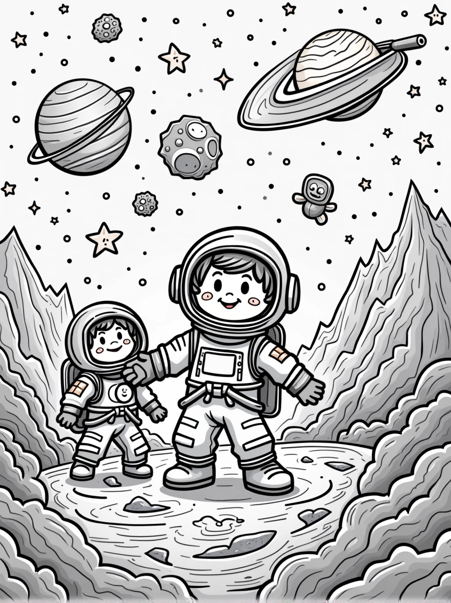 Fun, child-friendly line art of space adventures featuring planets, stars, rockets, astronauts, and friendly aliens. The space environment should be exciting with lots of cosmic details to color