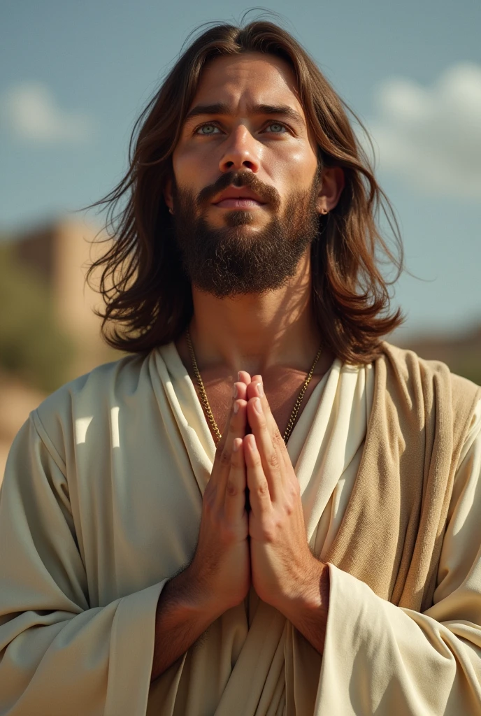 Perfect hand 5 finger, Portrait of a handsome Jesus , Jesus Christ, real blue eyes, sunny day, intricate details.real jesus lord, straight head face, Straight body.Prayer jesus, perfect full body, perfect hands finger,Prayer jesus, praying jesus backgrounds natural photographic