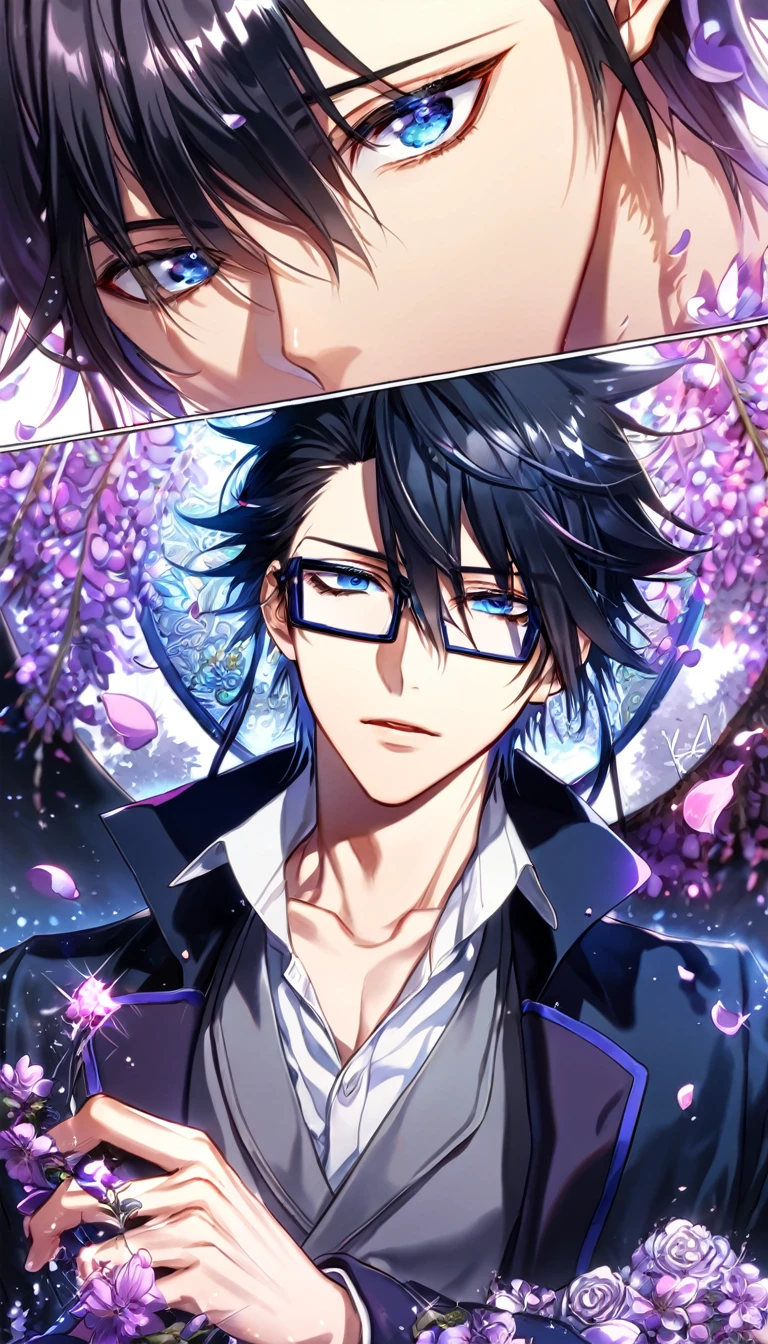 Ultra detailed, HDR, Highres, absurdres, master piece, Fushimi Saruhiko, messy black hair, expressive blue eyes, black rectangular glasses, gray waistcoat, long blue overcoat, white shirt, K Project, sexy man, handsome, purple flowers, petals, fantasy, magical, purple leaves, handsome, best quality, glittering, sensual, horny, water, purple shining fireflies, solo, purple flames,
