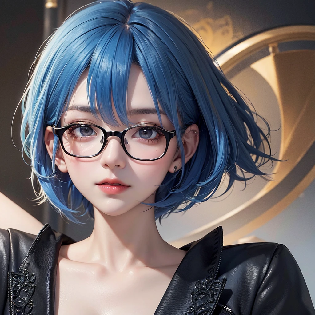 Masterpiece, Best Quality, 8K, Detailed Skin Texture, Detailed Cloth Texture, Beautiful Detail Face, Intricate Detail, Ultra Detailed, Portrait of Rei Ayanami, Blue Hair, Red Eyes, Looking Back, No Background, Short hair. 1 girl. Asian girl. Black eyes. Glasses. Her hair is long with yellow and black highlights，wear glasses，black and yellow hair
