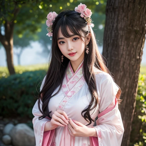 best quality, Delicate face,beautiful visual work, lifelike, eternity, black hair, Long curly hair, blunt bangs, Smile, Detailed Background, Delicate face,blush,cold,((masterpiece))、(top quality)、8k、high detail、Super detailed,31-year-old female,身穿唐制Hanfu、waist skirt, Clothes are light and fluffy,Hanfu, wide sleeves, Transparent sleeves, Tunic, Clothes made of chiffon, Seductive and whimsical style、masterpiece、born、Scenes resembling fairy tale illustrations、intricate details和複雜的設計、Beautifully、magic、capricious、 Beautifully、Dream aesthetics、「𝓡𝓸𝓶𝓪𝓷𝓽𝓲𝓬、ethereal、charming、fickle、magic」、realism、Visual effects、FXAA、SSAO、Shader、voiceless、ambient lighting、Tone mapping、High resolution、Ultra high quality、Million pixels、(8K resolution:1.10)、8k、8k以下、8K resolution、high detail、intricate details, (high quality:1.2、masterpiece:1.2、:1.21)、(31-year-old female:1.21)、(興奮地Smile)、(被dream般的氛圍所包圍、Model diagram,full-body shot,Normal 2 feet,Put your hands behind you,The protrusion of the breast is visible when wearing clothes, Large Breasts, H cup chest, antiquity, Xian Xia, gauze clothes, Soft and fluttering, Fairy, dream, fantasy, light, Elegant, nature, Immortal, romantic, classical, ribbon, pink clothes, in tall woods, "Behind the Letting Go"