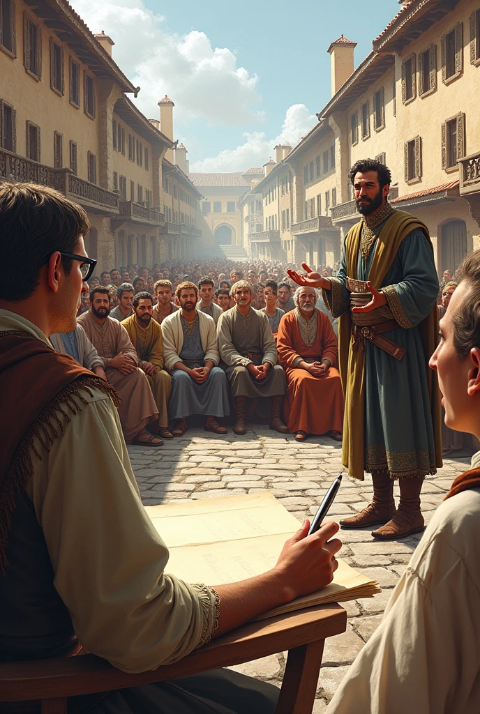 I need an easy drawing to make of someone speaking to a town with someone sitting there writing what he is saying. 
