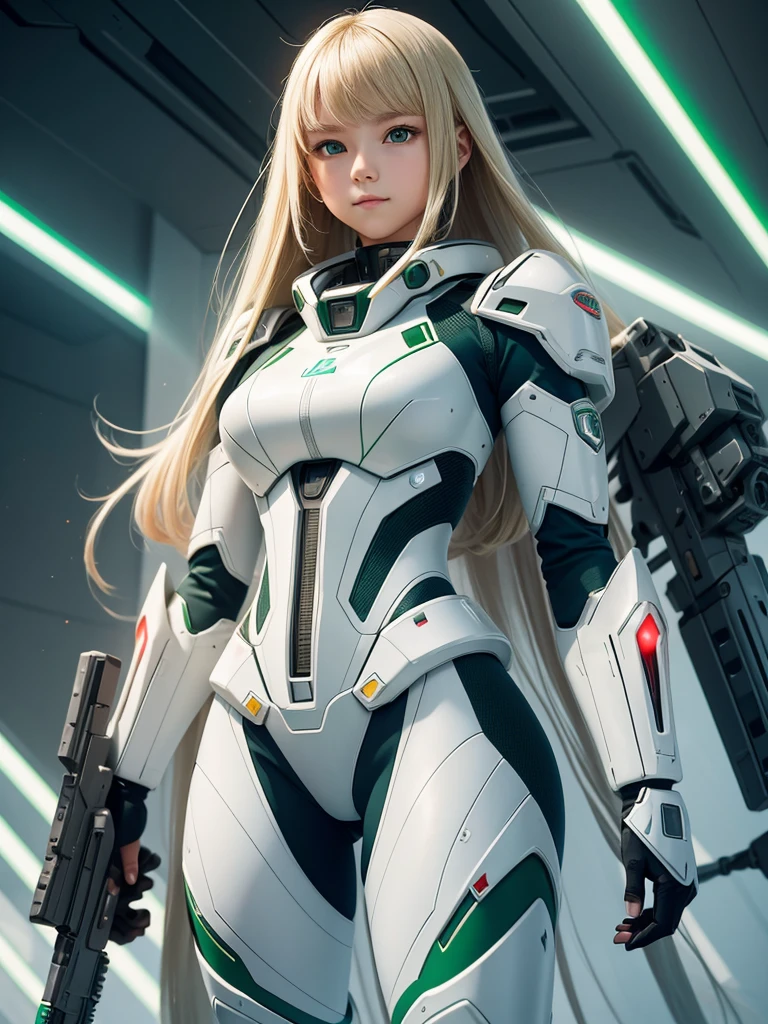 1 teenage girl. Beautiful teenage girl. 12 years old. Beautiful futuristic mecha girl army. White skin. Powerful soldier. Futuristic army base. Blonde hair. Green sexy mecha tight suit no pants. No bra. No underwear. Undressed. Futuristic jetpack. Green eye. Flat chest. Holding a futuristic riffle gun. Green energy light. Beautiful teenage face. Standing pose. Smile