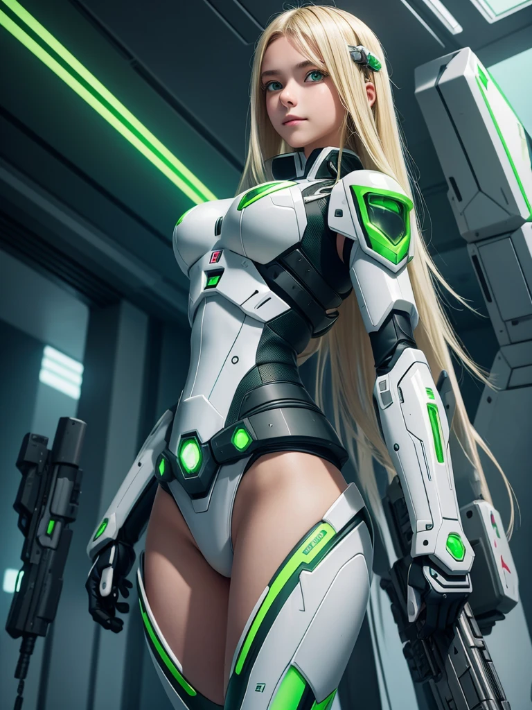 1 teenage girl. Beautiful teenage girl. 12 years old. Beautiful futuristic naked mecha girl army. White skin. Powerful soldier. Futuristic army base. Blonde hair. Green sexy mecha suit with cleavage. No pants. No bra. No underwear. Exposing her breast. Futuristic jetpack. Green eye. Flat chest. Holding a futuristic riffle gun. Green energy light. Beautiful teenage face. Standing pose. Smile