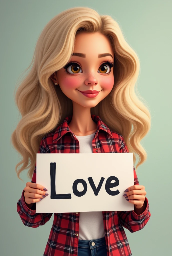 blonde woman in plaid shirt holding a sign saying Love, in hand, very high quality image, caricaturist alarcón, 20 year, 2 0, photo realist, Carolina Gariba, top quality photo,  fernanda suarez, fot, powder Nándor Katona, she is about 30 years old