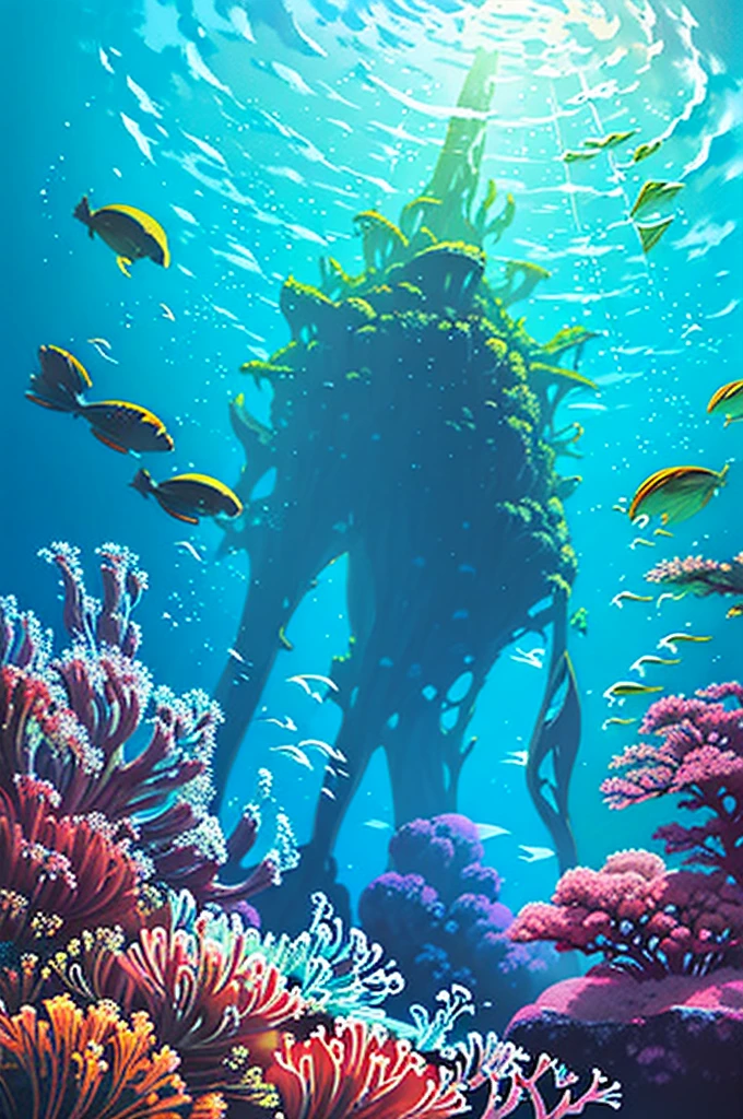 a young man tritton with medium-length blond hair, freckles, scales on some parts of the body, underwater, fish, coral, underwater vegetation, shell, clear water, tritton, long eyelashes, realistic, photorealistic, photo-realistic:1. 37, 4k, ultra-detailed, extremely detailed, hyperrealistic, highly detailed, masterpiece:1.2, vibrant colors, natural lighting, cinematic, dramatic, fantastic, magical, surreal, ethereal, serene, tranquil, atmospheric, bubble, no clothes, man-fish, anemone, corals, school of fish, huge amount of fish,