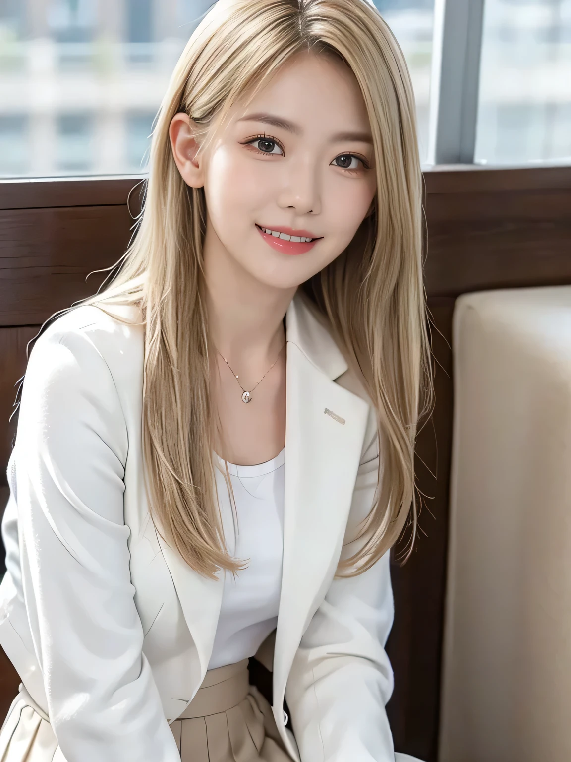 (8,000; Best Quality: 1.2), (Realistic, Realistic: 1.2), Lovely, Solo, Sky is Beautiful and Clear, Night, Moisture, Watching the Audience, (Sit: 1.5) Date, Mirai, (Nose Brush), (Smile: 1.15), Delicate eye (Deep Blonde: 1), Floating Hair Nova FrogStyle, White Suit Jacket, Burton T-shirt, Beige Pleats Skirt, Makeup, Lover's Smile, 35 years old, Beautiful (8,000, Yes, RAW Photo: 1.2, Random body orientation,