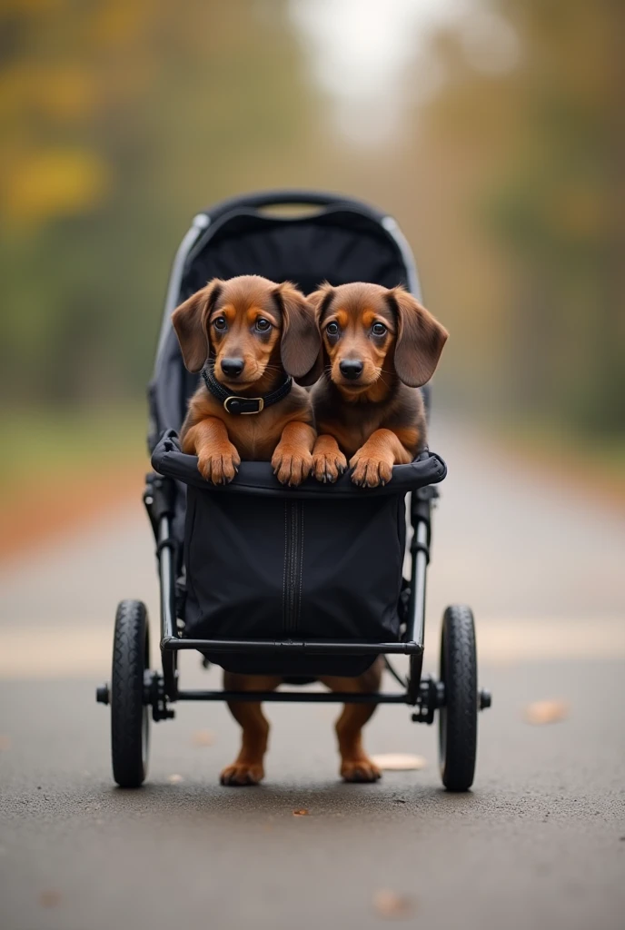 Produces ultra-high-resolution images of a dachshund taking her 5 puppies for a walk in a stroller