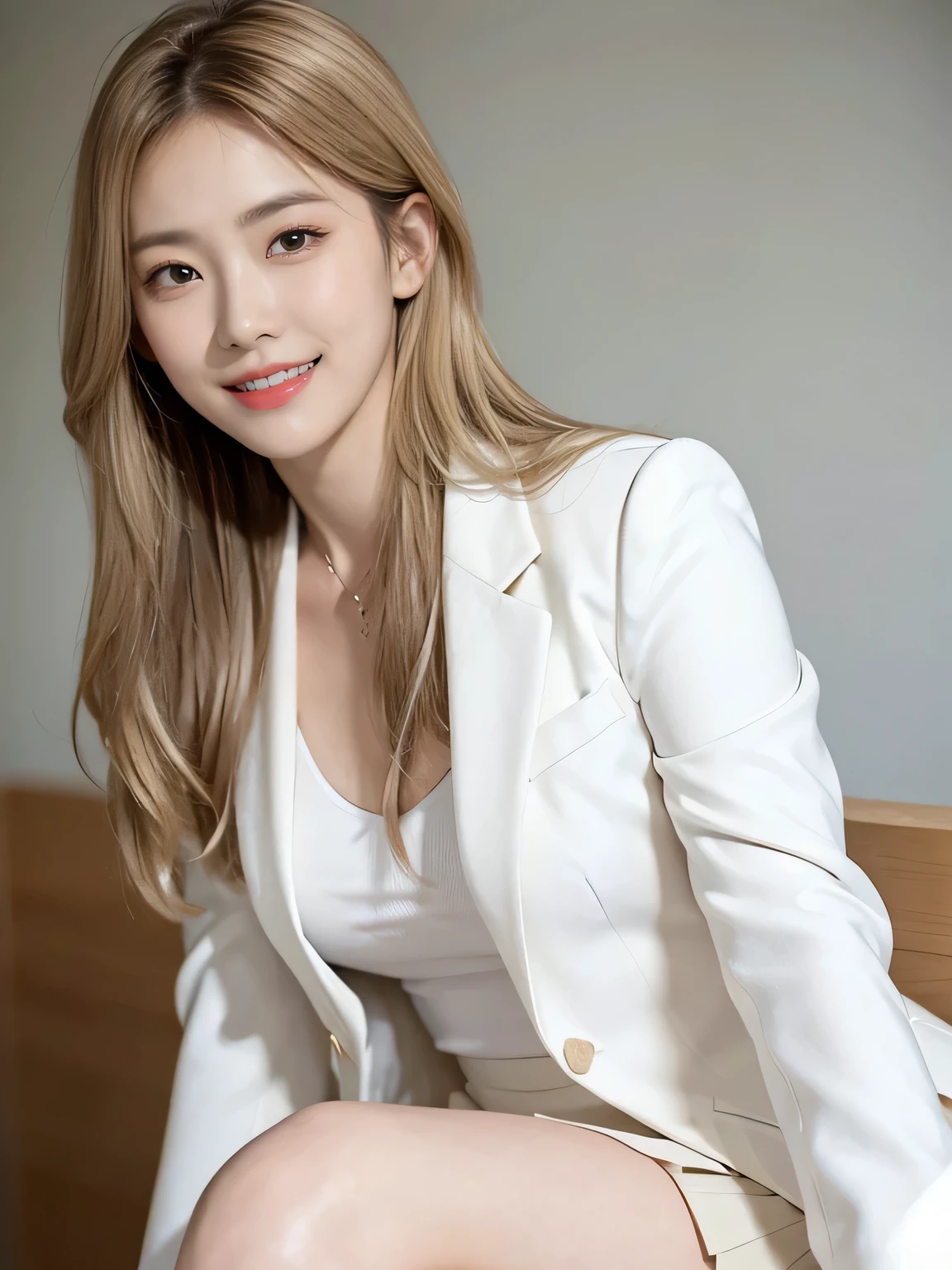 (8,000; Best Quality: 1.2), (Realistic, Realistic: 1.2), Lovely, Solo, Sky is Beautiful and Clear, Night, Moisture, Watching the Audience, (Sit: 1.5) Date, Mirai, (Nose Brush), (Smile: 1.15), Delicate eye (Deep Blonde: 1), Floating Hair Nova FrogStyle, White Suit Jacket, Burton T-shirt, Beige Pleats Skirt, Makeup, Lover's Smile, 35 years old, Beautiful (8,000, Yes, RAW Photo: 1.2, Random body orientation, 