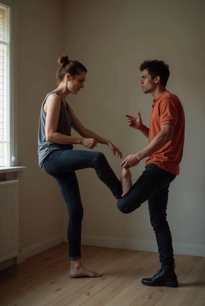 A male kicks a woman groin.