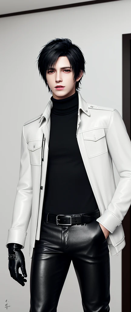 Final fantasy taste and reality graphics, Japanese young cute and cool ikemen boy, his age is early 20s, thin eyebrows and beady eyes, he wearing off white color leather thick material jacket, jacket is singlebrest, biker style jacket, with epaulet, jacket is long sleeve, must close the front of the leather jacket, , jacket is voluminous, ,must jacket is high length and stand-up collar with two belts, jacket is a little black color line pattern,close the front of the jacket, also wearing black thick material turtleneck lackluster shirts, tight black leather pants, shiny black leather tight and thin glove, black leather knee-high raceup boots,must views head-to-toe,must views whole body, boy looks like fashion model,Do not show skin from the neck down,leather jacket leather glove and leather pants have few wrinkles,boy in the room,Avoid showing your innerwear