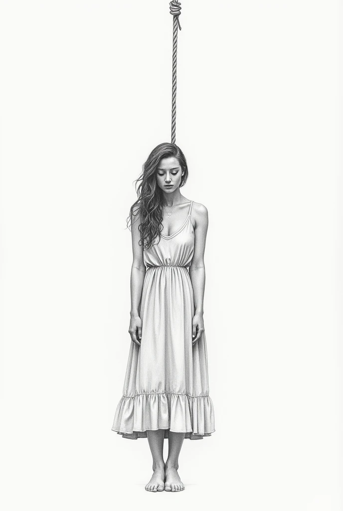 a pencil drawing of a woman in a dress hanging from her neck by a rope , with his face looking at the ground and with his eyes closed 