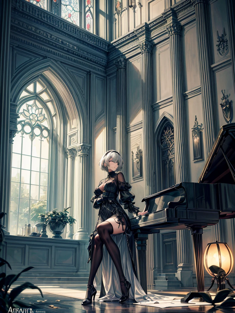 Create an image of 2B from NieR: Automata, seated gracefully at a grand piano, focusing on her detailed facial features. She is wearing her signature black dress with intricate lace detailing and thigh-high boots. Her white hair, slightly tousled, frames her face perfectly. Her blindfold is pulled up to reveal her striking eyes, which are wide and expressive, with a hint of melancholy and determination. Her high cheekbones and soft, slightly parted lips create a serene expression as she concentrates on playing the piano. The setting is a grand, dimly lit room filled with soft ambient light filtering through tall, arched windows, casting long shadows across the polished wooden floor. The piano is a sleek, glossy black, reflecting the room’s elegant features. 2B’s delicate fingers dance over the keys, with her posture conveying grace and poise. The sheet music in front of her is slightly ruffled, suggesting a piece she’s deeply immersed in. Around the room, there are faint remnants of nature reclaiming the space, with small vines creeping along the window sills and a few fallen leaves scattered on the floor. In the background, a large, ornate chandelier hangs from the ceiling, adding a touch of sophistication to the scene. The color palette is a mix of soft grays, blacks, and whites, with subtle hints of green from the vines. The overall atmosphere is tranquil and introspective, capturing a moment of peace and beauty amidst the post-apocalyptic world of NieR: Automata.
