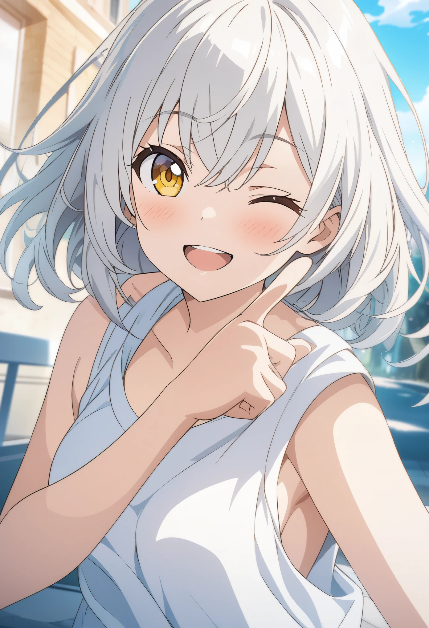 masterpiece, Highest quality, Highly detailed CG Unity 8K wallpapers, Little, High School Girl Anime Illustration. Wear an oversized tank top、Make a finger gun pose、she has her eyes closed and mouth open, smile. The background is a light pastel colored landscape., white hair color, Yellow Eyes, 2.5D art, Depth of subject