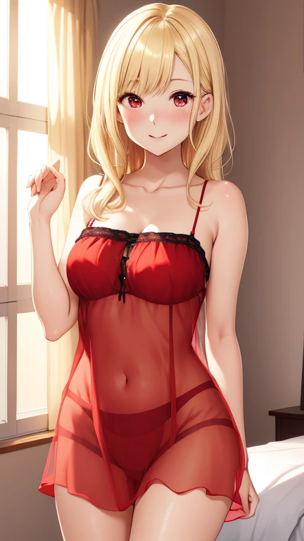 masterpiece, best quality, highres, kitagawa marin, 1girl, blonde hair, swept bangs, gradient hair, red eyes, glossy lips, light smile, blush, standing, bedroom, collarbone, sheer red nightdress