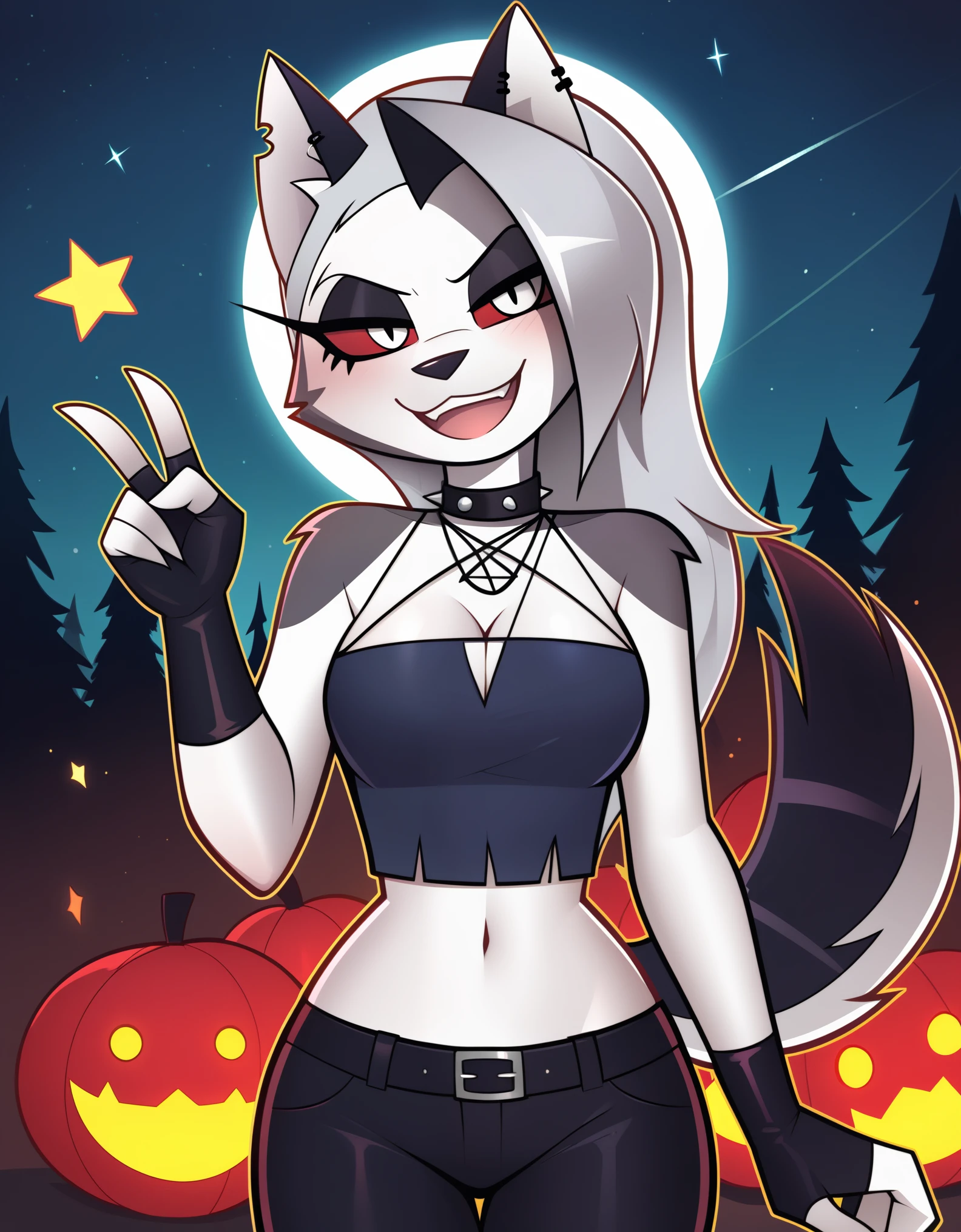 score_9_up, score_8_up, score_7_up,  rating_safe, furry, anthro, solo, loona(jizokumode), hellhound, red sclera, loona (helluva boss), tanktop, fingerless gloves, excited, blep, forest, night, stars, crescent moon, solo, forced smile, 4 fingers, inverted pentagram,
