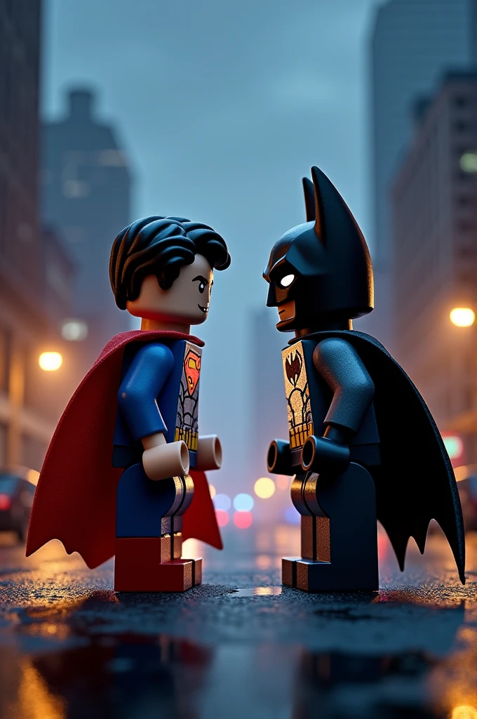 Superman and Batman in lego art, night