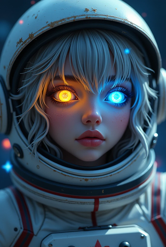 (Close-up of a better masterpiece:1.5)0.9], (Space and astronauts:1.2) (Messy silver hair:1.1) (Heterochromia xanthochromia and blue eyes:1.2) (Space Helmet:1.0) (Colored stars in the eyes:1.0) (A radiant glow:1.1) (thick lips:0.9)