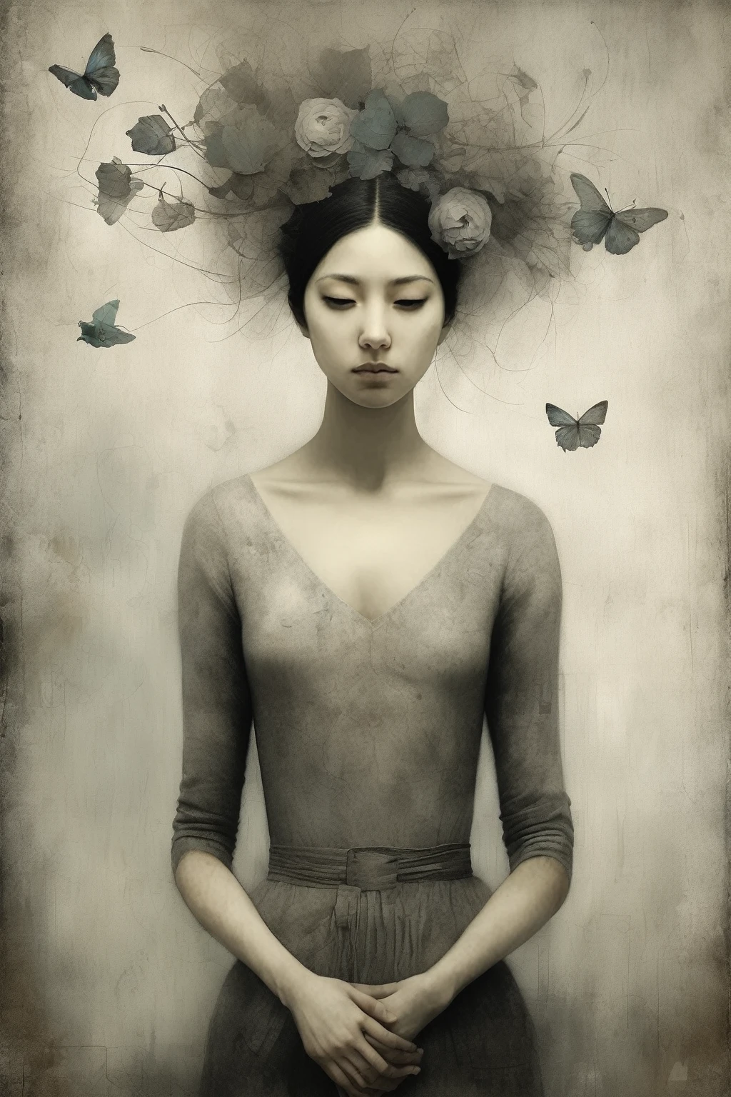 Gabriel Pacheco style: imagine an intricately detailed style., Graphic work in cold tones that reflects the magical realism of Gabriel Pacheco.. The artistic medium should be digital painting., allowing the incorporation of meticulous details and textures. The style should reflect Pacheco&#39;s distinctive surrealist approach.., filled with fantastic creatures or otherworldly environments that provoke thought and wonder. Lighting should be strategically designed to highlight details., creating an atmospheric glow that enhances the surreal ambiance. The color palette should include mainly cool tones such as deep blues.., icy whites, and silver greys, in layers to create a mystical, dream effect. The composition must be dense and complex., Each element contributes to a captivating and mysterious visual story.