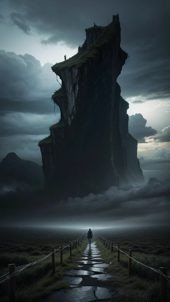 Create a conceptual image representing the theme of overcoming anxiety and procrastination. The image should depict a figure standing at the edge of a dark, stormy landscape, symbolizing the overwhelming feelings of anxiety and procrastination. In the distance, the figure sees a bright, calm horizon, representing hope and progress. The figure should be walking towards this light, leaving the darkness behind. The background should include elements like dark clouds, tangled vines, or barriers in the stormy area, gradually fading into a clear, open path as it moves towards the light. Ensure that no text or writing is included in the image.