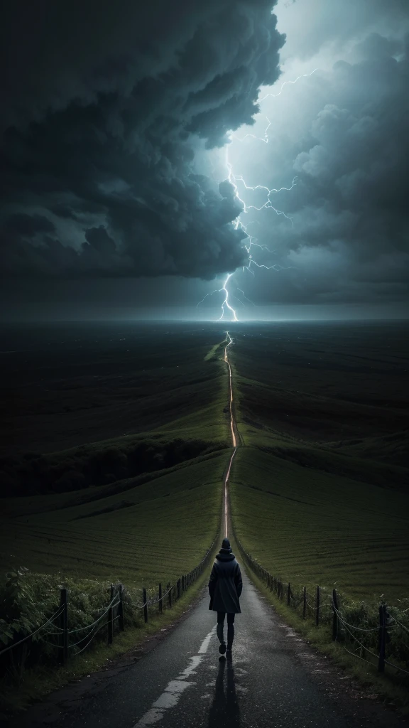 Create a conceptual image representing the theme of overcoming anxiety and procrastination. The image should depict a figure standing at the edge of a dark, stormy landscape, symbolizing the overwhelming feelings of anxiety and procrastination. In the distance, the figure sees a bright, calm horizon, representing hope and progress. The figure should be walking towards this light, leaving the darkness behind. The background should include elements like dark clouds, tangled vines, or barriers in the stormy area, gradually fading into a clear, open path as it moves towards the light. Ensure that no text or writing is included in the image.