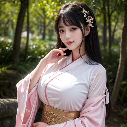 best quality, Delicate face,beautiful visual work, lifelike, eternity, black hair, Long curly hair, blunt bangs, Smile, Detailed Background, Delicate face,blush,cold,((masterpiece))、(top quality)、8k、high detail、Super detailed,31-year-old female,身穿唐制Hanfu、waist skirt, Clothes are light and fluffy,Hanfu, wide sleeves, Transparent sleeves, Tunic, Clothes made of chiffon, Seductive and whimsical style、masterpiece、born、Scenes resembling fairy tale illustrations、intricate details和複雜的設計、Beautifully、magic、capricious、 Beautifully、Dream aesthetics、「𝓡𝓸𝓶𝓪𝓷𝓽𝓲𝓬、ethereal、charming、fickle、magic」、realism、Visual effects、FXAA、SSAO、Shader、voiceless、ambient lighting、Tone mapping、High resolution、Ultra high quality、Million pixels、(8K resolution:1.10)、8k、8k以下、8K resolution、high detail、intricate details, (high quality:1.2、masterpiece:1.2、:1.21)、(31-year-old female:1.21)、(興奮地Smile)、(被dream般的氛圍所包圍、Model diagram,full-body shot,Normal 2 feet,Put your hands behind you,The protrusion of the breast is visible when wearing clothes, Large Breasts, H cup chest, antiquity, Xian Xia, gauze clothes, Soft and fluttering, Fairy, dream, fantasy, light, Elegant, nature, Immortal, romantic, classical, ribbon, pink clothes, in tall woods, 「Behind the Letting Go」