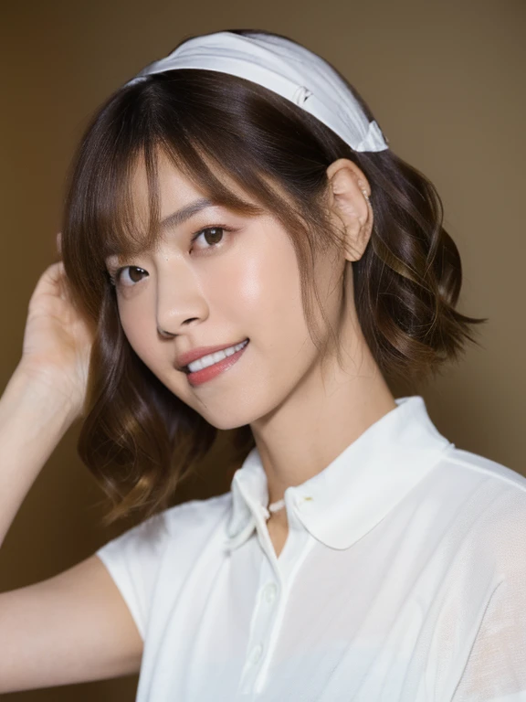 (Masterpiece, Best quality, 8K:1.3), (Ultra realistic, Photo-realistic:1.2), From above, From side, (nsfw:1.1), Lie on bed, (Seductive pose:1.3), Looking at viewer, Natural light, 28 years old actress, Japanese women, Neat and clean, (Wearing white tennis uniform, White short-sleeve polo shirt:1.2), (unbutton polo shirt:1.3), (White tennis pleated skirt:1.2), White sock, Beautiful thighs, ponytail, (Short wavy hair:1.3), Light brown hair color, (Beautiful Face), Oval face, clear, Beautiful eyes, Kind eyes, Bedroom eyes, (Clear skin), Natural makeup, Small face, Small mouth, Beautiful mouth, Approachable, Hotel Suite room,On bed, Seductive smile, Shy smile,