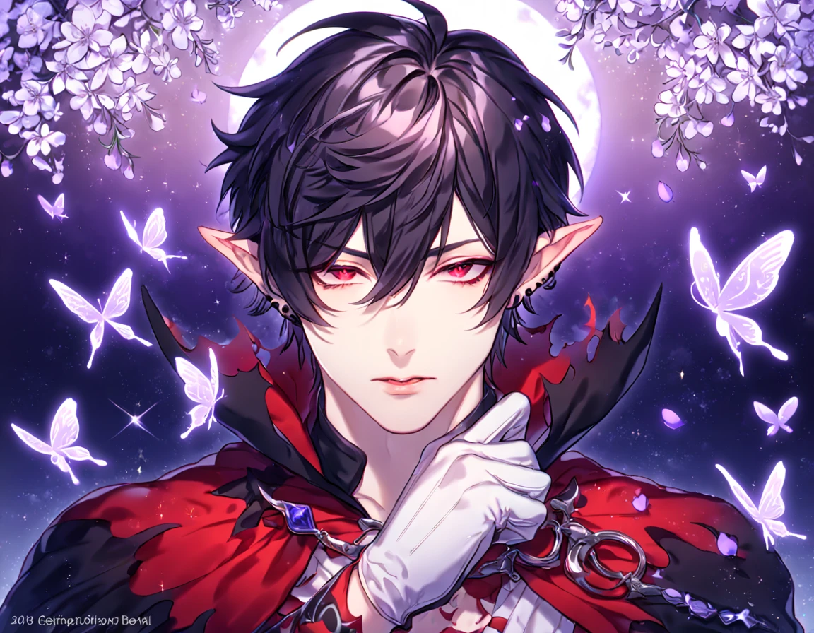 absurdres, highres, ultra detailed, HDR, master piece, best quality, Dantalion, black hair, hair carefully parted towards the right side, hair in a messy fashion, expressive red eyes, Makai Ouji Devils and Realist, demon, slightly pointy ears, solo, sexy man, handsome, sensual, horny, manly man, white black and red tunic, tattered black cape, black piercings, white gloves, close up, fantasy, magical, shining, purple flowers, blossoms, water, purple petals, purple butterflies, sparkling, purple moon, starry sky
