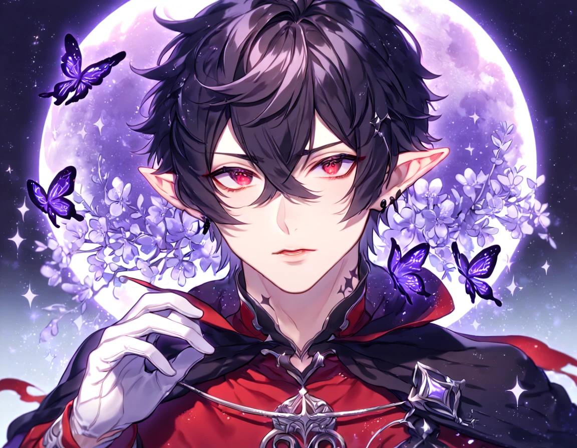 absurdres, highres, ultra detailed, HDR, master piece, best quality, Dantalion, black hair, hair carefully parted towards the right side, hair in a messy fashion, expressive red eyes, Makai Ouji Devils and Realist, demon, slightly pointy ears, solo, sexy man, handsome, sensual, horny, manly man, white black and red tunic, tattered black cape, black piercings, white gloves, close up, fantasy, magical, shining, purple flowers, blossoms, water, purple petals, purple butterflies, sparkling, purple moon, starry sky
