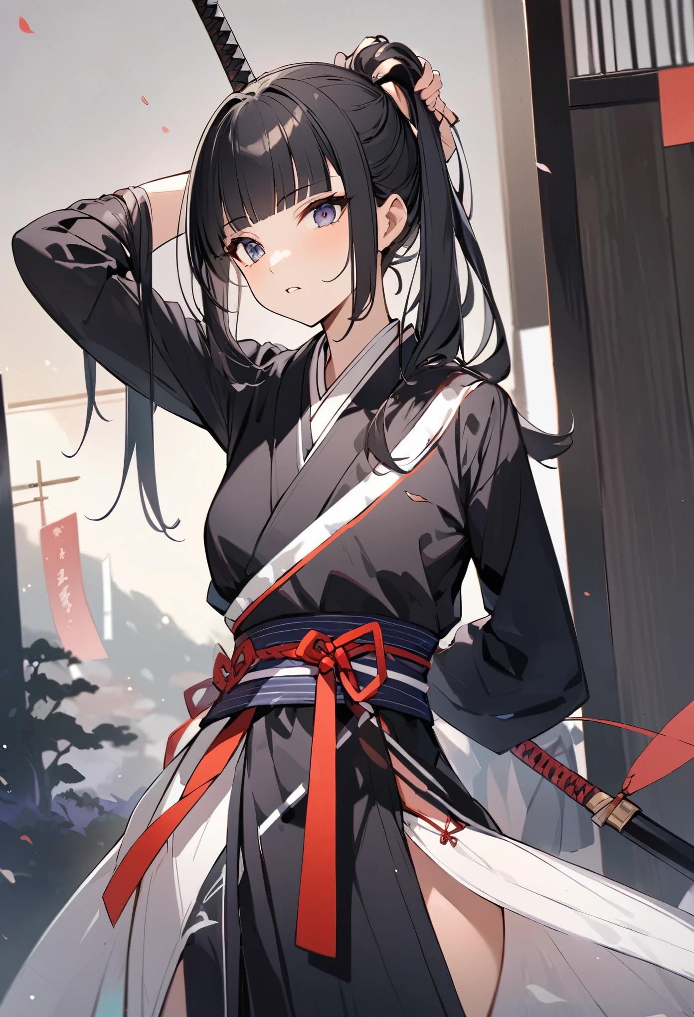 Kimono dress,Black Hair、blunt bangs、Tying up hair、Samurai、Japanese sword, face, Modern design, 1 female,Sexy concept,