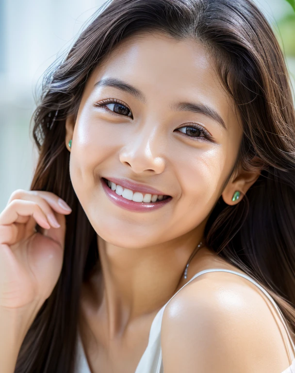 Portrait、8k、high quality、Realistic Photographic Images、(Upper Body)、Japanese women、30th Generation、(Cleanliness)、Recreates natural, radiant and realistic eyes、Droopy eye corners、Small black eyes、Glowing Skin (Dimples,Gentle smile)、(Shiny dark brown color、Medium long loose hair)、Sappin'、light makeup、Golden ratio composition、頬にDimples、((Light blue blouse、The collar is white))、Natural background and light、Cityscape、Serene atmosphere