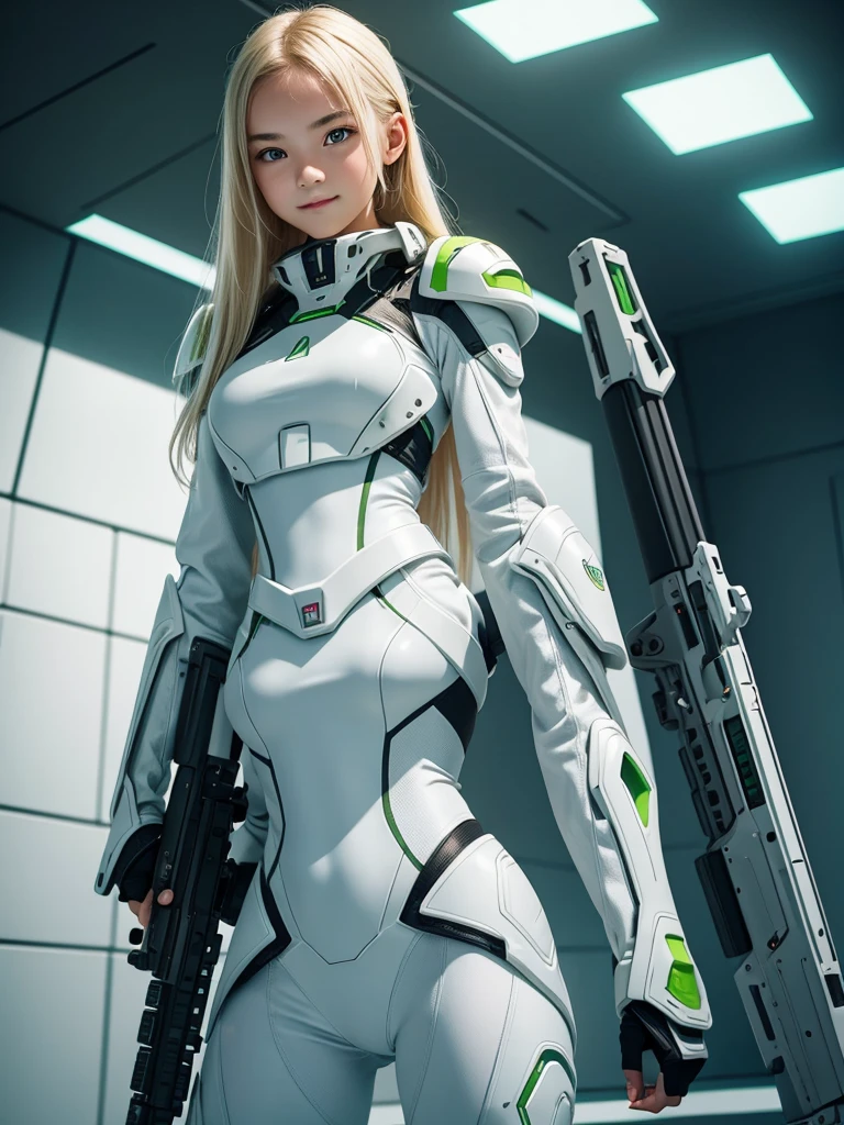 1 teenage girl. Beautiful teenage girl. 12 years old. Beautiful futuristic girl army. White skin. Powerful soldier. Futuristic army base. Blonde hair. Green sexy tight suit no pants. No bra. No underwear. Undressed. Futuristic jetpack. Green eye. Flat chest. Holding a futuristic riffle gun. Green energy light. Beautiful teenage face. Standing pose. Smile