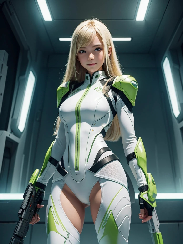1 age girl. Beautiful teengirl. 12 yearsful futuristic girl army. White skin. Powerful soldier. Futuristic army base. Blonde hair. Green sexy tight suit no pants. No bra. No underwear. Undressed. Futuristic jetpack. Green eye. Flat chest. Holding a futuristic riffle gun. Green energy light. Beautiful teenage face. Standiose. Smile