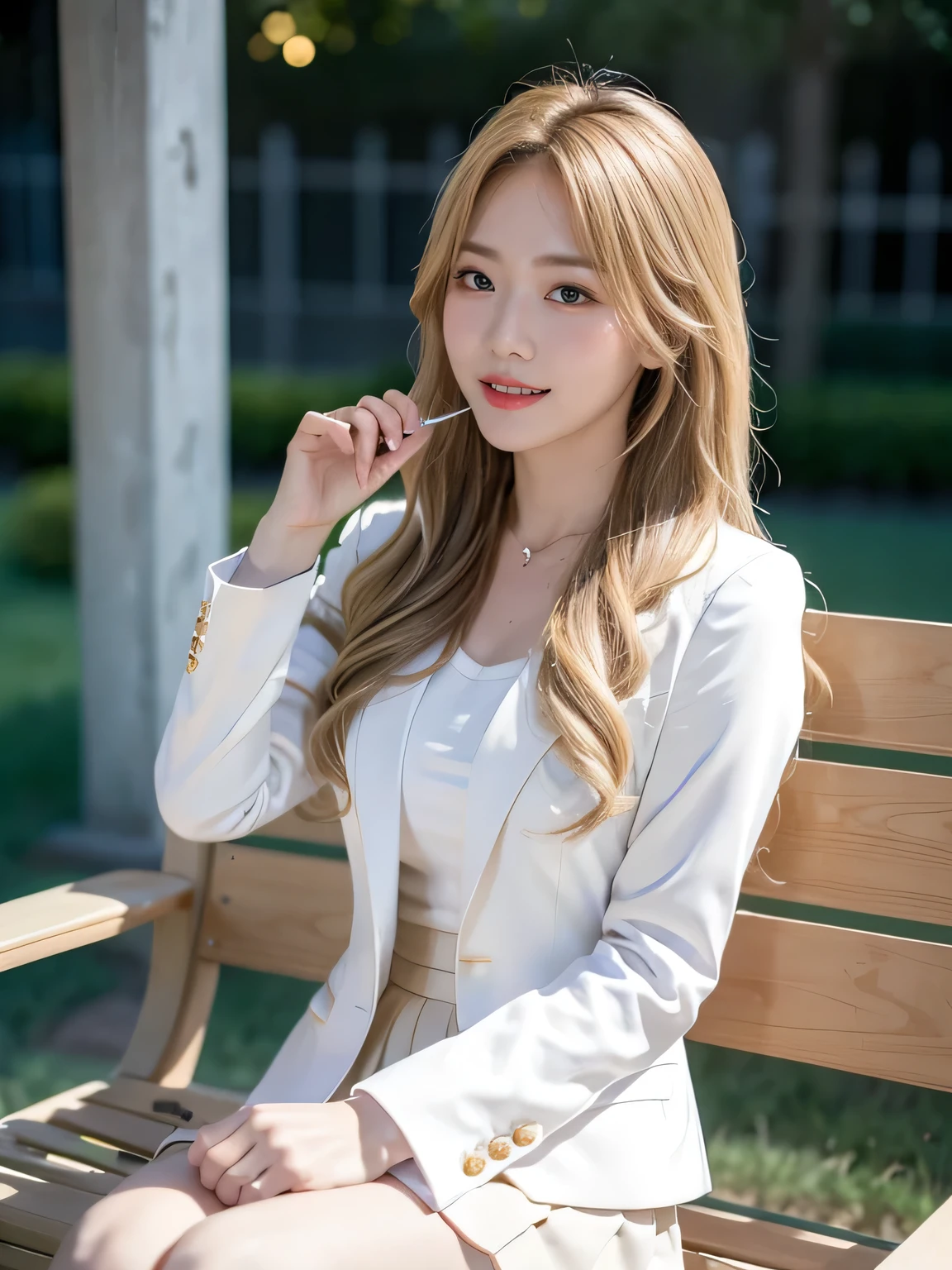(8,000; Best Quality: 1.2), (Realistic, Realistic: 1.2), Lovely, Solo, Sky is Beautiful and Clear, Night, Moisture, Watching the Audience, (Sit: 1.5) Date, Mirai, (Nose Brush), (Smile: 1.15), Delicate eye (Deep Blonde: 1), Floating Medium Hair Nova FrogStyle, White Suit Jacket, Burton T-shirt, Beige Pleats Skirt, Makeup, Lover's Smile, 35 years old, Beautiful (8,000, Yes, RAW Photo: 1.2, (Random body orientation), 