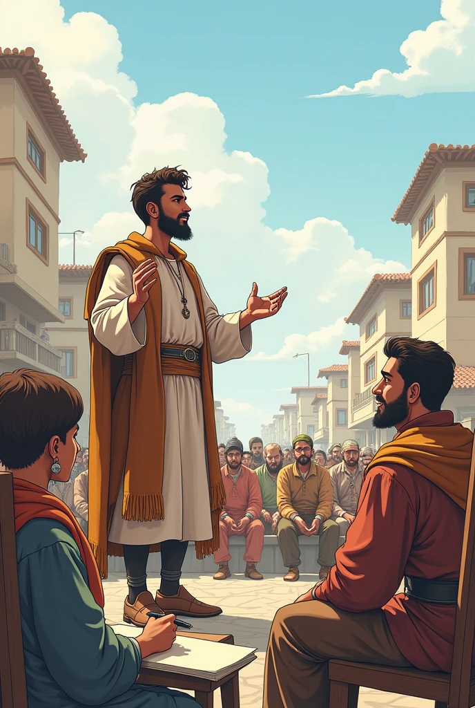 Title: "El Judge y el Ladrón"
Panel 1:
View of a small town, with old buildings and a busy central square.
Storyteller: In a small town, There lived a judge known for his impartiality and severity.
Panel 2:
A young man in simple clothes hides in a dark alley. He has a bag in his hand and a worried expression on his face..
Storyteller: One day, A desperate young man stole bread to feed his hungry family.
Panel 3:
The young man es atrapado por la policía y llevado ante el juez. The young man mira al suelo, ashamed, While the crowd murmurs in the courtroom.
Judge: (with serious expression) What do you have to say in your defense??
Panel 4:
The young man, with tears in the eyes, explains his situation. The crowd falls silent upon hearing his story.
young: I did it for my children. I had no other choice...
Panel 5:
The judge leans forward, His face is expressionless as he considers the situation..
Storyteller: The judge knew that the theft could not go unpunished., but he also understood the young man's desperation.
Panel 6:
The judge hits his gavel hard.
Judge: You are guilty of theft, and that's why you should be punished. However, I understand your situation.
Panel 7:
The crowd is expectant as the judge continues speaking..
Judge: I sentence you to pay a fine of one gold coin... And I myself will pay that fine for you!
Panel 8:
The young man, surprised, He looks up at the judge with gratitude. The crowd murmurs in amazement.
young: I don't know how to thank you...
Panel 9:
The judge stands up and walks towards the young man., handing him the gold coin.
Judge: Justice requires you to pay for your crime, But mercy reminds us to help those in need..
Panel 10:
The final scene shows the young man leaving the court., with the coin in hand and an expression of hope. The crowd disperses, commenting on what happened.
Storyteller: So, on that day, Justice met mercy, recordand