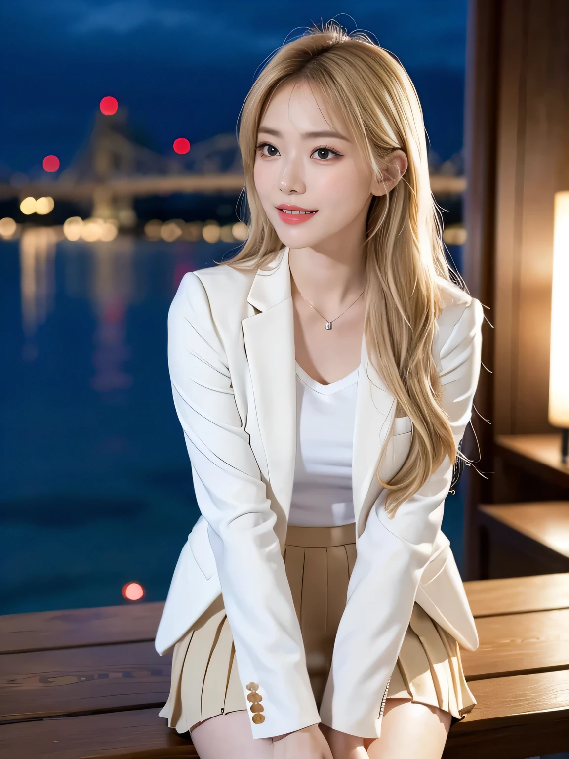 (8,000; Best Quality: 1.2), (Realistic, Realistic: 1.2), Lovely, Solo, Sky is Beautiful and Clear, Night, Moisture, Watching the Audience, (Sit: 1.5) Date, Mirai, (Nose Brush), (Smile: 1.15), Delicate eye (Deep Blonde: 1), Floating Medium Hair Nova FrogStyle, White Suit Jacket, Burton T-shirt, Beige Pleats Skirt, Makeup, Lover's Smile, 35 years old, Beautiful (8,000, Yes, RAW Photo: 1.2, (Random body orientation),